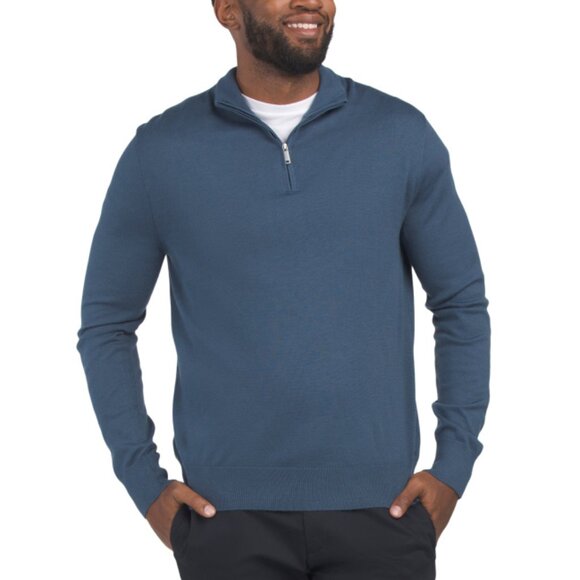 CALVIN KLEIN Insignia Blue Merino Wool Blend Quarter Zip Sweater - Picture 1 of 2